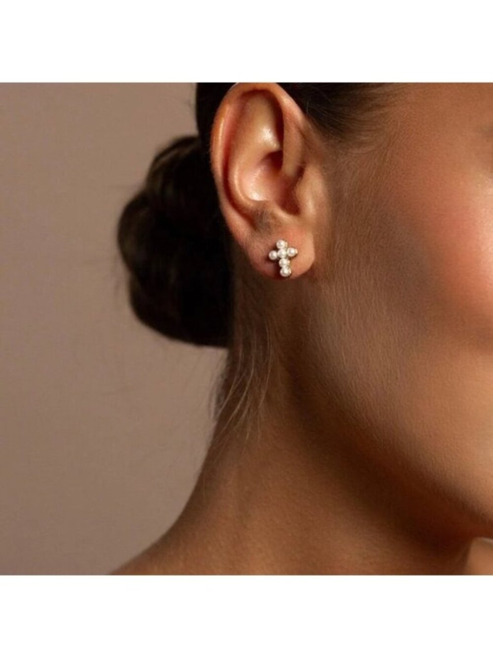 Mini Gold Pearl Cross Stud Earrings  Timeless & Tarnish Resistant Pretty Studs - Picture 7 of 9